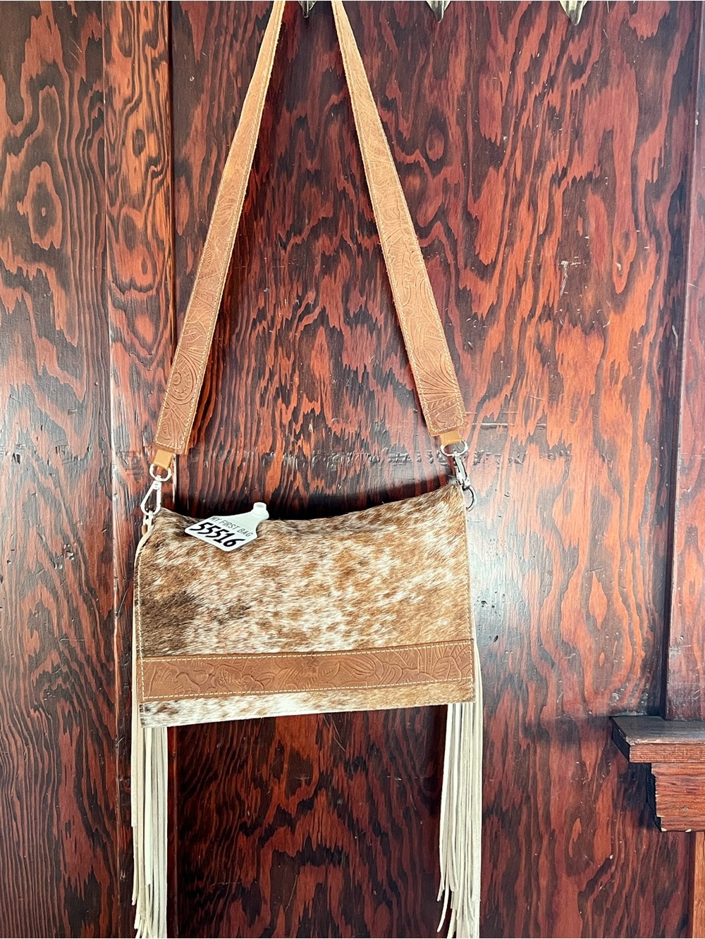 Holy Cow Couture Cowhide Fringe Leather Shoulder Bag Tan & Cream New